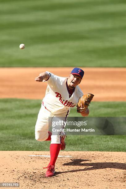 Starting pitcher Joe Blanton of the Philadelphia Phillies throws a pitch during a game against the Atlanta Braves at Citizens Bank Park on May 8,...