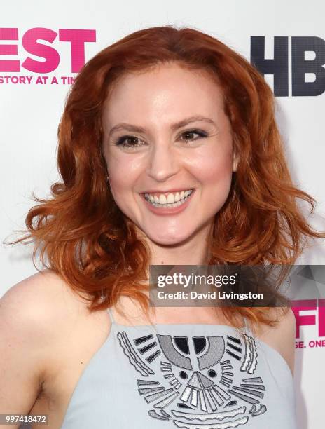 Actress Emily Goss attends the 2018 Outfest Los Angeles opening night gala screening of "Studio 54" at the Orpheum Theatre on July 12, 2018 in Los...