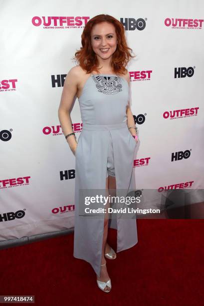 Actress Emily Goss attends the 2018 Outfest Los Angeles opening night gala screening of "Studio 54" at the Orpheum Theatre on July 12, 2018 in Los...