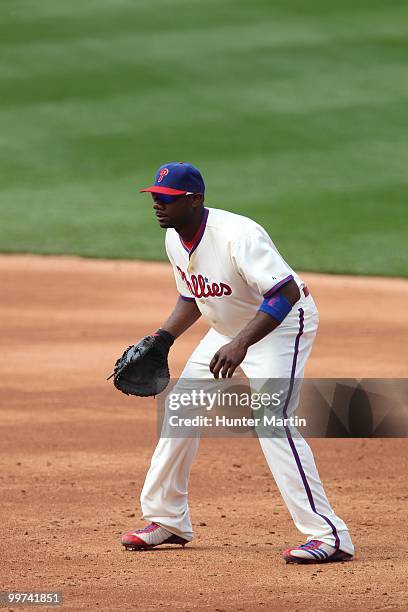 First baseman Ryan Howard of the Philadelphia Phillies plays first base during a game against the Atlanta Braves at Citizens Bank Park on May 8, 2010...