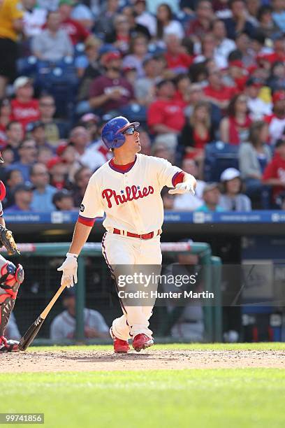 Third baseman Greg Dobbs of the Philadelphia Phillies bats during a game against the Atlanta Braves at Citizens Bank Park on May 8, 2010 in...