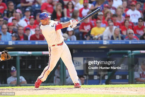 Third baseman Placido Polanco of the Philadelphia Phillies bats during a game against the Atlanta Braves at Citizens Bank Park on May 8, 2010 in...