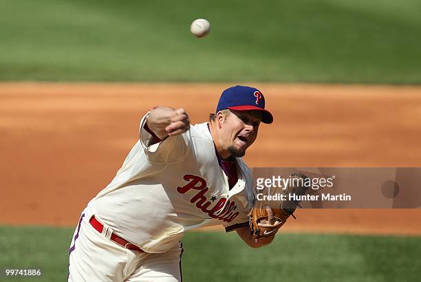 Starting pitcher Joe Blanton of the Philadelphia Phillies throws a pitch during a game against the Atlanta Braves at Citizens Bank Park on May 8,...