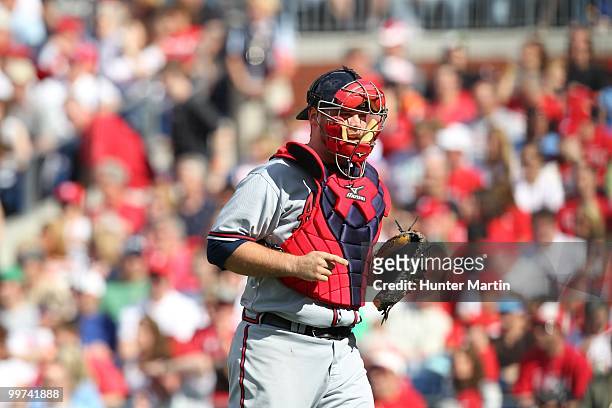 Catcher Brian McCann of the Atlanta Braves catches during a game against the Philadelphia Phillies at Citizens Bank Park on May 8, 2010 in...