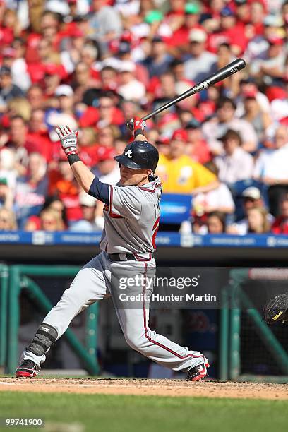 Center fielder Nate McLouth of the Atlanta Braves bats during a game against the Philadelphia Phillies at Citizens Bank Park on May 8, 2010 in...