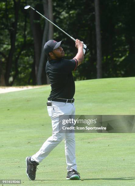 Harold Varner III hits his second shot on the hole during the first round of the John Deere Classic on July 12 at TPC Deere Run, Silvis, IL.