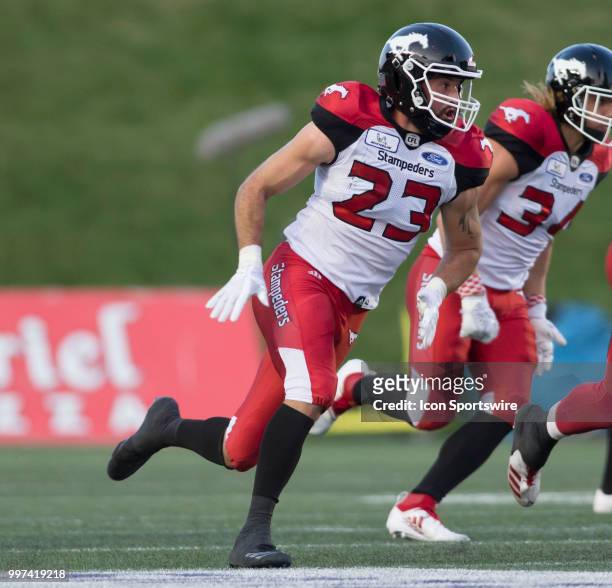 William Langlais of the Calgary Stampeders on special teams against the Ottawa Redblacks in a regular season Canadian Football League game played at...