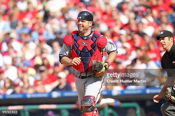 Catcher Brian McCann of the Atlanta Braves catches during a game against the Philadelphia Phillies at Citizens Bank Park on May 8, 2010 in...