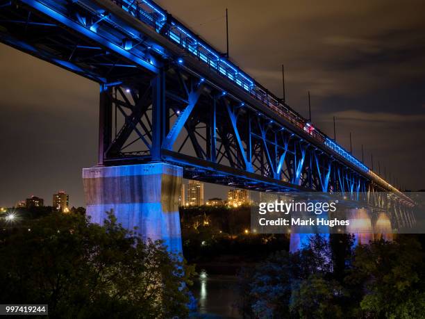 lit up high level bridge in edmonton - edmonton industrial stock pictures, royalty-free photos & images