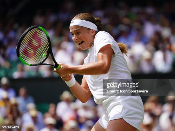 Jelena Ostapenko in action during her women's singles semi-final of the 2018 Wimbledon Championships on July 12 at All England Lawn Tennis and...