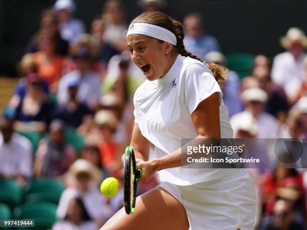 Jelena Ostapenko in action during her women's singles semi-final of the 2018 Wimbledon Championships on July 12 at All England Lawn Tennis and...