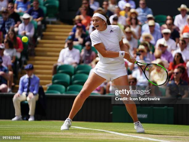 Jelena Ostapenko in action during her women's singles semi-final of the 2018 Wimbledon Championships on July 12 at All England Lawn Tennis and...