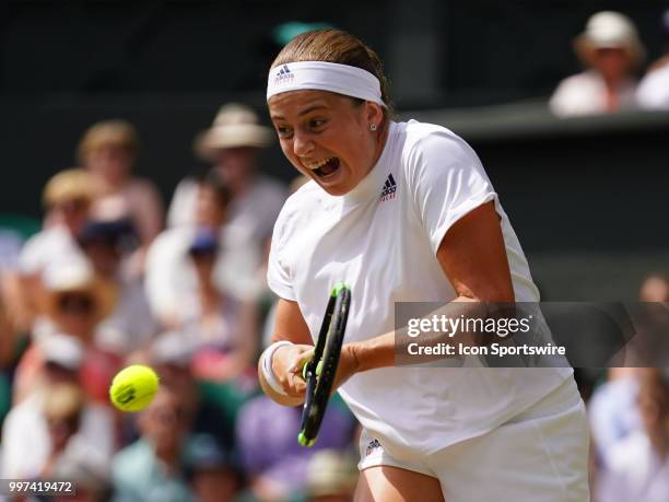 Jelena Ostapenko in action during her women's singles semi-final of the 2018 Wimbledon Championships on July 12 at All England Lawn Tennis and...