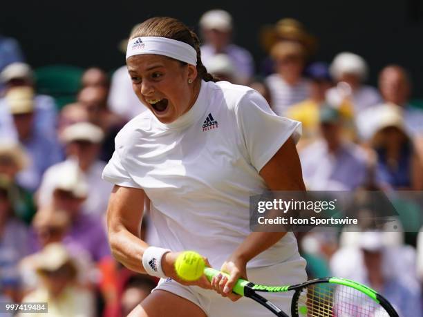 Jelena Ostapenko in action during her women's singles semi-final of the 2018 Wimbledon Championships on July 12 at All England Lawn Tennis and...