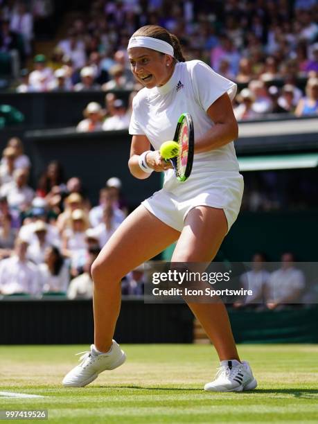 Jelena Ostapenko in action during her women's singles semi-final of the 2018 Wimbledon Championships on July 12 at All England Lawn Tennis and...