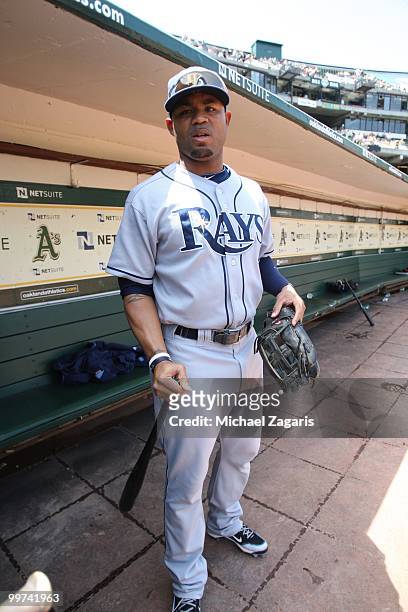 Carl Crawford of the Tampa Bay Rays in standing the dugout prior to the game against the Oakland Athletics at the Oakland Coliseum on May 8, 2010 in...