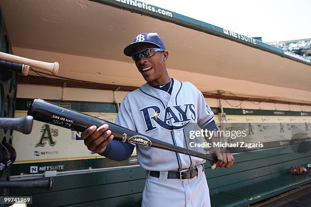 Upton of the Tampa Bay Rays standing in the dugout prior to the game against the Oakland Athletics at the Oakland Coliseum on May 8, 2010 in Oakland,...