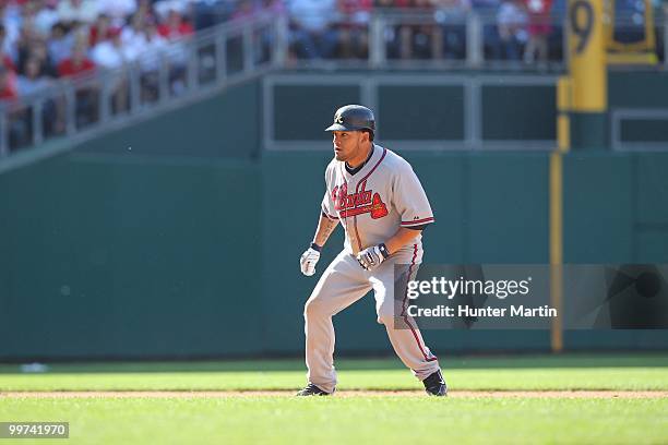 Left fielder Melky Cabrera of the Atlanta Braves leads off second base during a game against the Philadelphia Phillies at Citizens Bank Park on May...