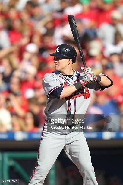 Center fielder Nate McLouth of the Atlanta Braves bats during a game against the Philadelphia Phillies at Citizens Bank Park on May 8, 2010 in...