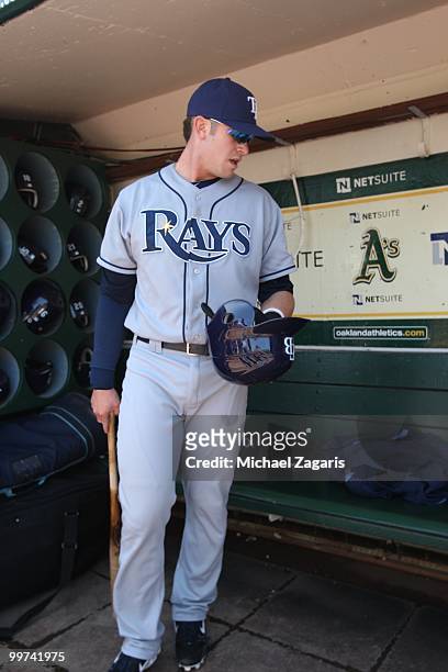 Evan Longoria of the Tampa Bay Rays standing in the dugout prior to the game against the Oakland Athletics at the Oakland Coliseum on May 8, 2010 in...