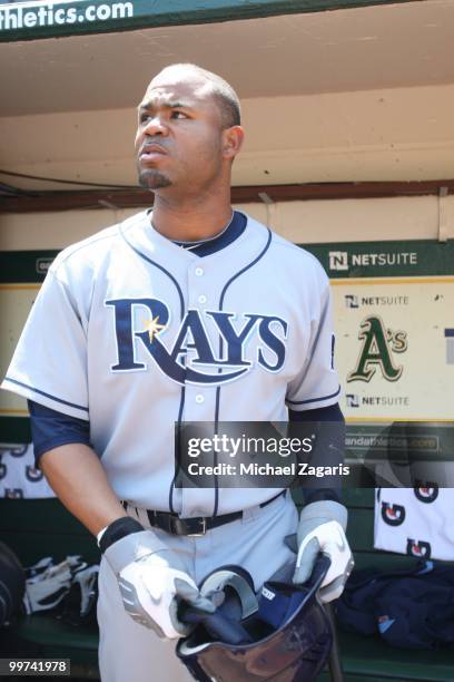 Carl Crawford of the Tampa Bay Rays standing in the dugout prior to the game against the Oakland Athletics at the Oakland Coliseum on May 8, 2010 in...