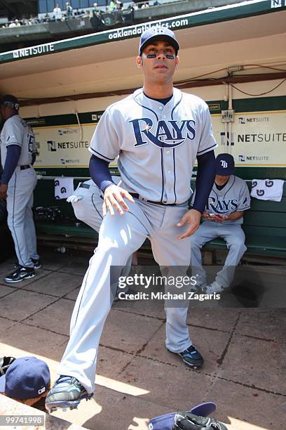 Carlos Pena of the Tampa Bay Rays standing in the dugout prior to the game against the Oakland Athletics at the Oakland Coliseum on May 8, 2010 in...