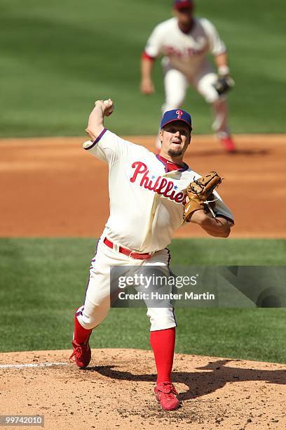 Starting pitcher Joe Blanton of the Philadelphia Phillies throws a pitch during a game against the Atlanta Braves at Citizens Bank Park on May 8,...