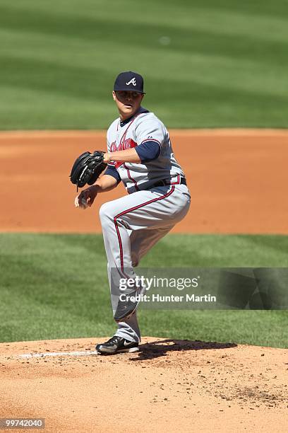 Relief pitcher Kris Medlen of the Atlanta Braves throws a pitch during a game against the Philadelphia Phillies at Citizens Bank Park on May 8, 2010...