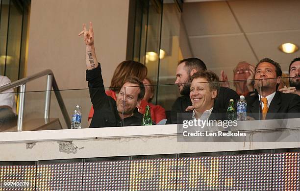 Kiefer Sutherland and a friend attend Game One of the Eastern Conference Finals during the 2010 NHL Stanley Cup Playoffs at the Wachovia Center on...