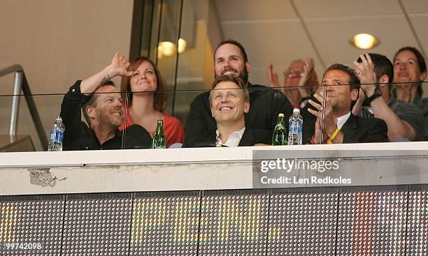 Kiefer Sutherland and a friend attend Game One of the Eastern Conference Finals during the 2010 NHL Stanley Cup Playoffs at the Wachovia Center on...