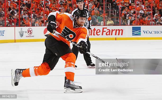 Braydon Coburn of the Philadelphia Flyers takes a slap shot against the Montreal Canadiens in Game One of the Eastern Conference Finals during the...