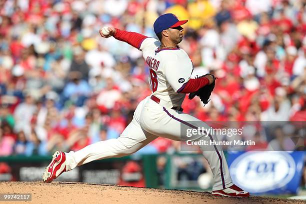 Relief pitcher J.C. Romero of the Philadelphia Phillies throws a pitch during a game against the Atlanta Braves at Citizens Bank Park on May 8, 2010...