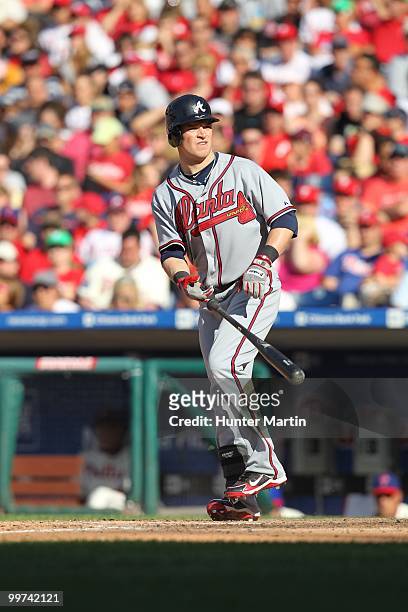 Center fielder Nate McLouth of the Atlanta Braves bats during a game against the Philadelphia Phillies at Citizens Bank Park on May 8, 2010 in...