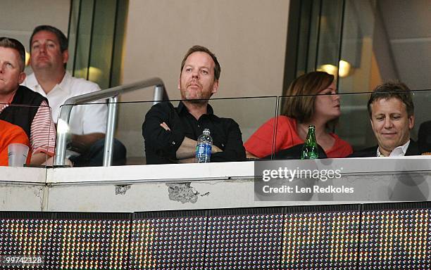 Kiefer Sutherland and a friend attend Game One of the Eastern Conference Finals during the 2010 NHL Stanley Cup Playoffs at the Wachovia Center on...