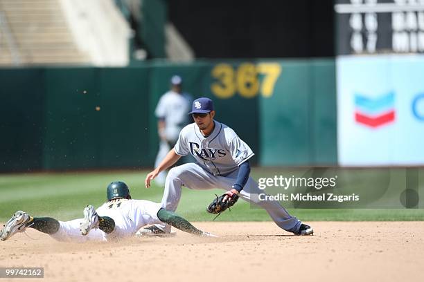 Jason Bartlett of the Tampa Bay Rays tagging out Rajai Davis of the Oakland Athletics at second during the game at the Oakland Coliseum on May 8,...