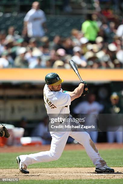 Kevin Kouzmanoff of the Oakland Athletics hitting during the game against the Tampa Bay Rays at the Oakland Coliseum on May 8, 2010 in Oakland,...