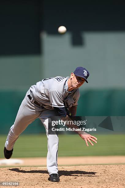 Grant Balfour of the Tampa Bay Rays pitching during the game against the Oakland Athletics at the Oakland Coliseum on May 8, 2010 in Oakland,...