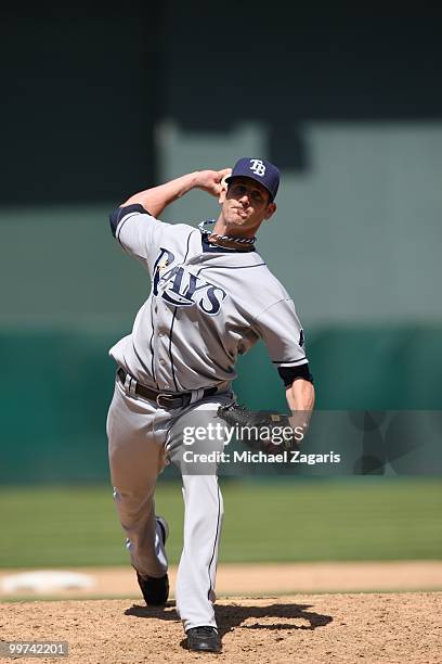 Grant Balfour of the Tampa Bay Rays pitching during the game against the Oakland Athletics at the Oakland Coliseum on May 8, 2010 in Oakland,...