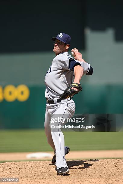 Grant Balfour of the Tampa Bay Rays pitching during the game against the Oakland Athletics at the Oakland Coliseum on May 8, 2010 in Oakland,...