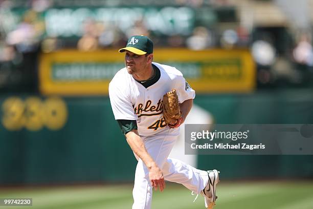 Michael Wuertz of the Oakland Athletics pitching during the game against the Tampa Bay Rays at the Oakland Coliseum on May 8, 2010 in Oakland,...