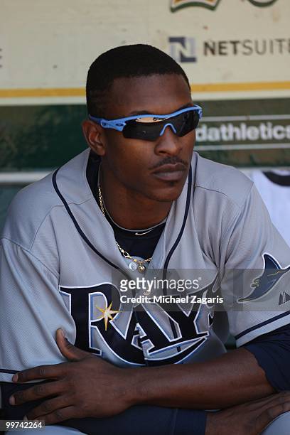 Upton of the Tampa Bay Rays sitting in the dugout during the game against the Oakland Athletics at the Oakland Coliseum on May 8, 2010 in Oakland,...