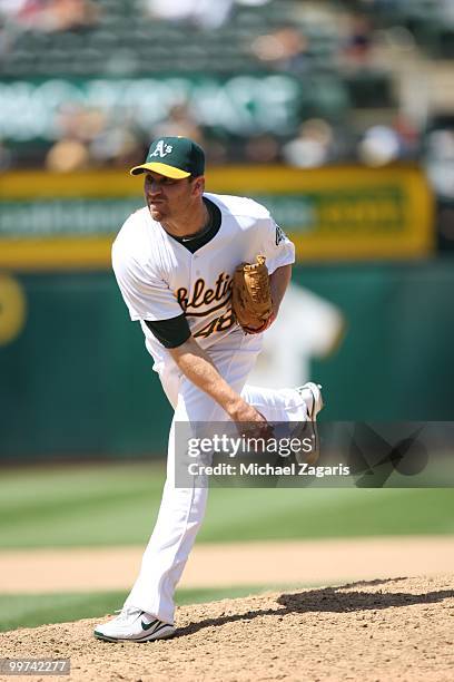 Michael Wuertz of the Oakland Athletics pitching during the game against the Tampa Bay Rays at the Oakland Coliseum on May 8, 2010 in Oakland,...