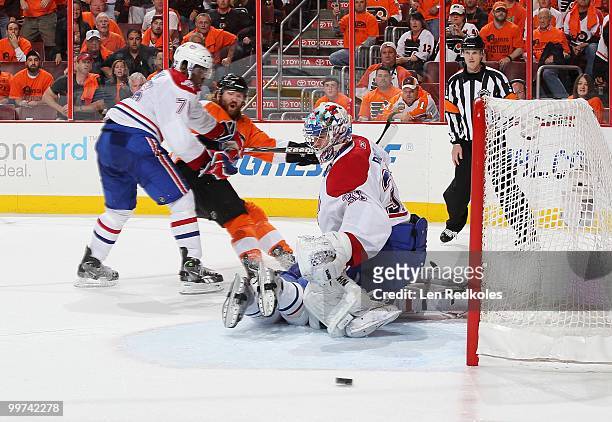 Scott Hartnell of the Philadelphia Flyers takes a shot on goal against PK Subban and Jaroslav Halak of the Montreal Canadiens in Game One of the...
