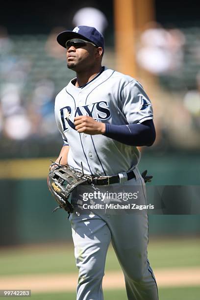 Carl Crawford of the Tampa Bay Rays standing on the field during the game against the Oakland Athletics at the Oakland Coliseum on May 8, 2010 in...