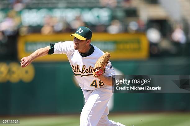 Michael Wuertz of the Oakland Athletics pitching during the game against the Tampa Bay Rays at the Oakland Coliseum on May 8, 2010 in Oakland,...