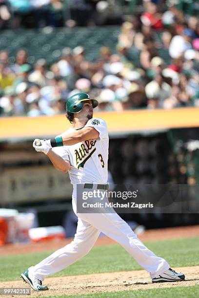 Eric Chavez of the Oakland Athletics hitting during the game against the Tampa Bay Rays at the Oakland Coliseum on May 8, 2010 in Oakland,...