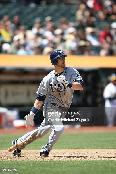 Ben Zobrist of the Tampa Bay Rays hitting during the game against the Oakland Athletics at the Oakland Coliseum on May 8, 2010 in Oakland,...