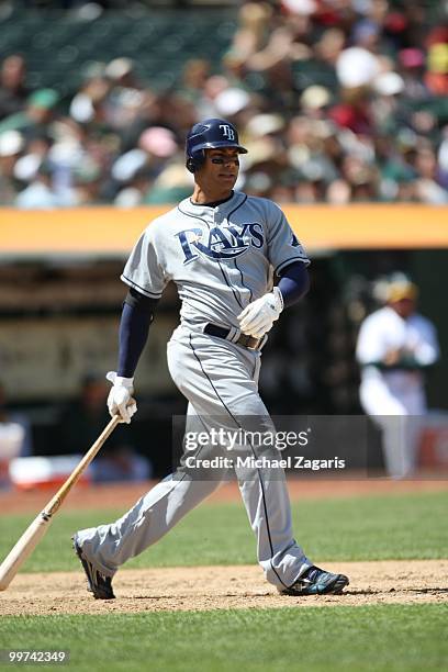 Upton of the Tampa Bay Rays hitting during the game against the Oakland Athletics at the Oakland Coliseum on May 8, 2010 in Oakland, California. The...