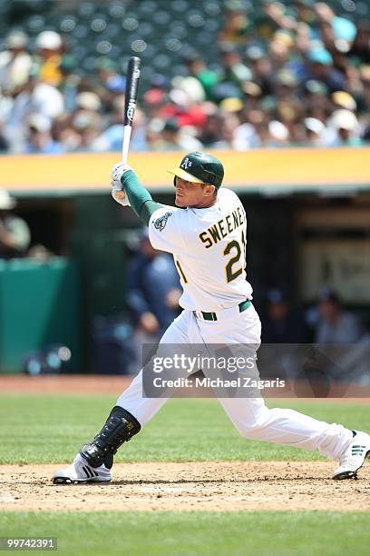 Ryan Sweeney of the Oakland Athletics hitting during the game against the Tampa Bay Rays at the Oakland Coliseum on May 8, 2010 in Oakland,...