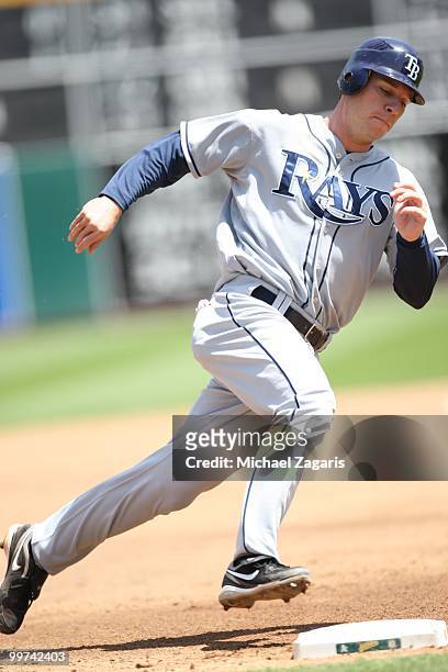 Evan Longoria of the Tampa Bay Rays running the bases during the game against the Oakland Athletics at the Oakland Coliseum on May 8, 2010 in...